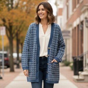 NWT Talbots Blue Plaid Merino Wool V-neck Button Front Long Cardigan S